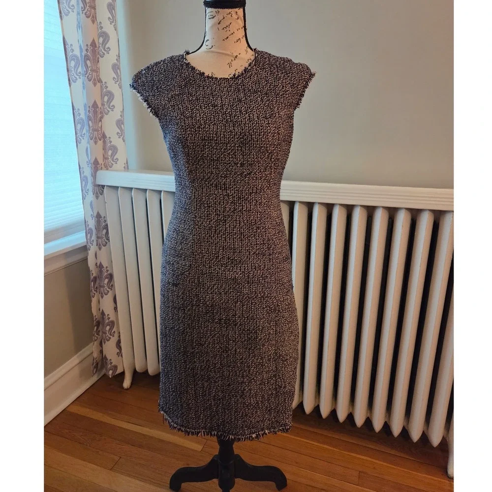 Rebecca Taylor Navy + Cream Confetti Tweed Boucle Fringe Sheath Work Dress Sz 2 - Picture 2 of 13